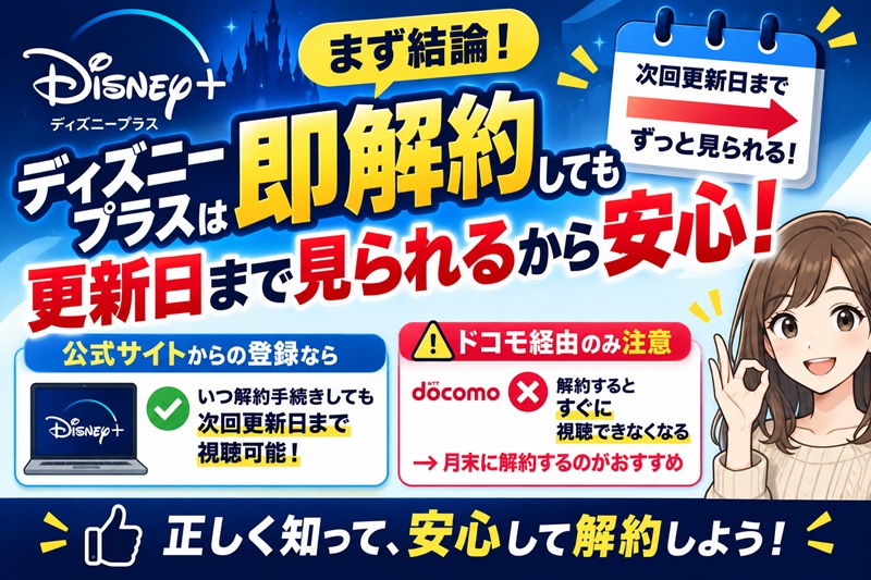 【まず結論】ディズニープラスは即解約しても更新日まで見られるから安心！